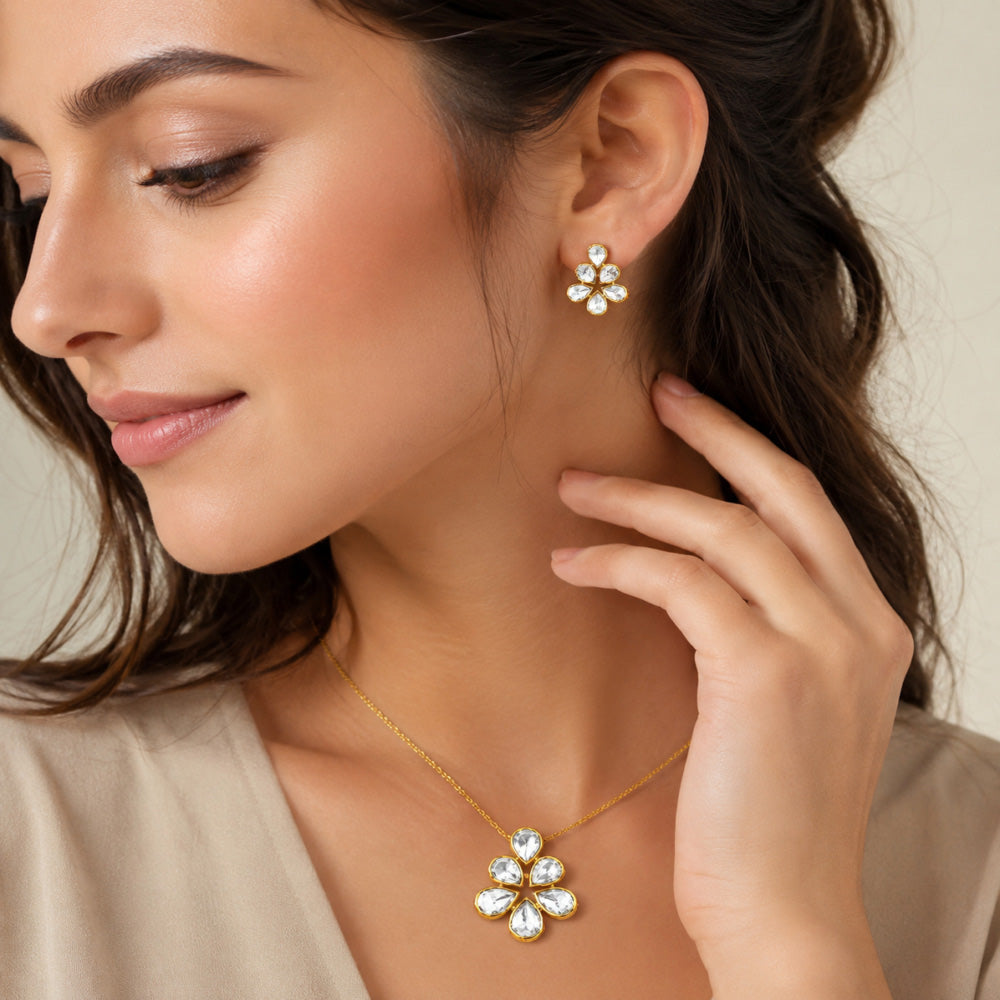 18K Gold Plated CZ Floral Pendant Necklace & Stud Earrings Set For Women BIT1001