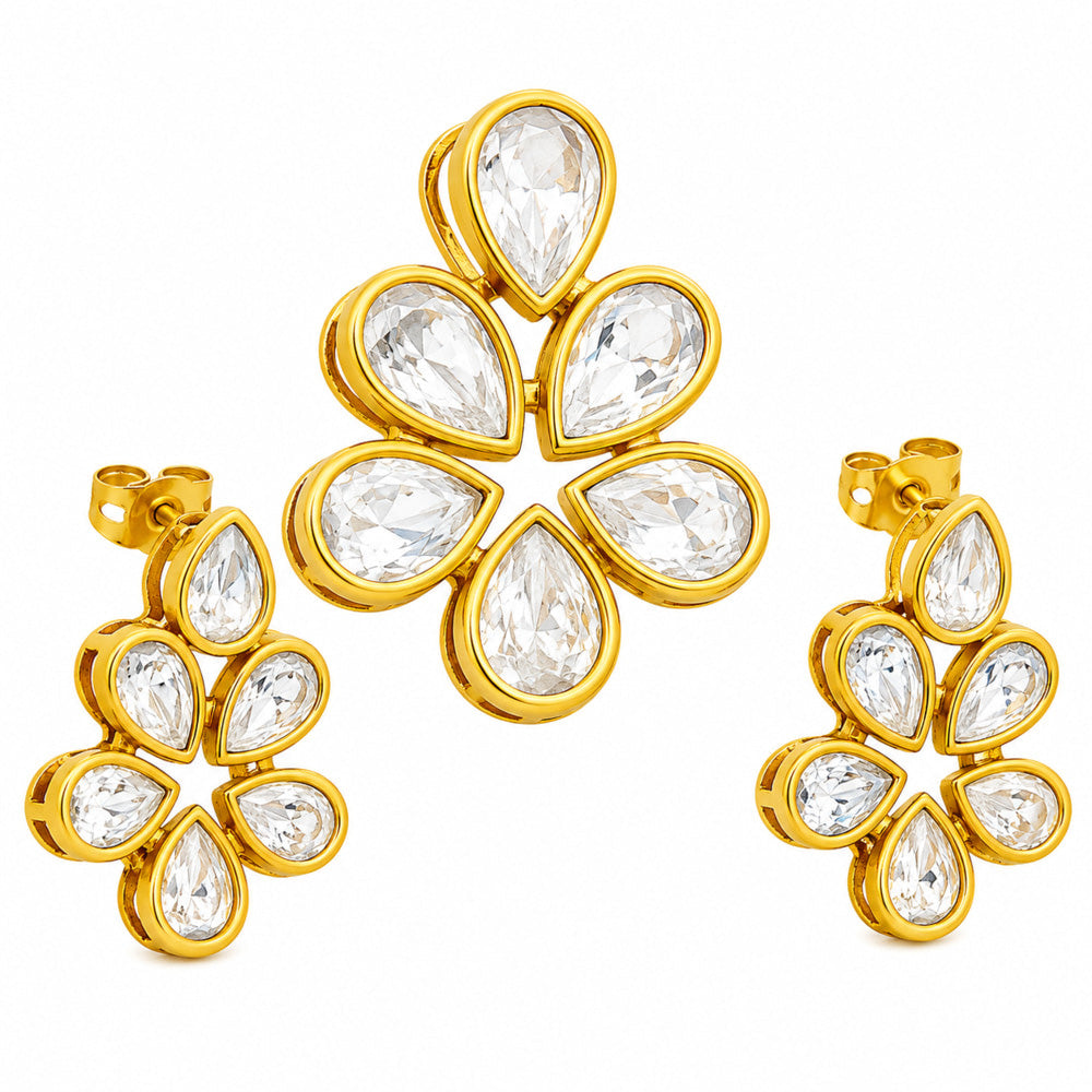 18K Gold Plated CZ Floral Pendant Necklace & Stud Earrings Set For Women BIT1001