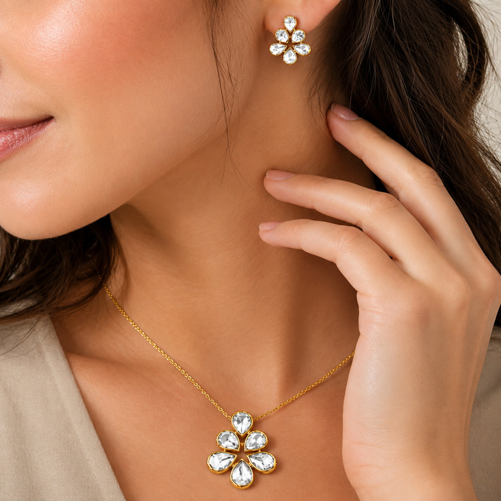 18K Gold Plated CZ Floral Pendant Necklace & Stud Earrings Set For Women BIT1001