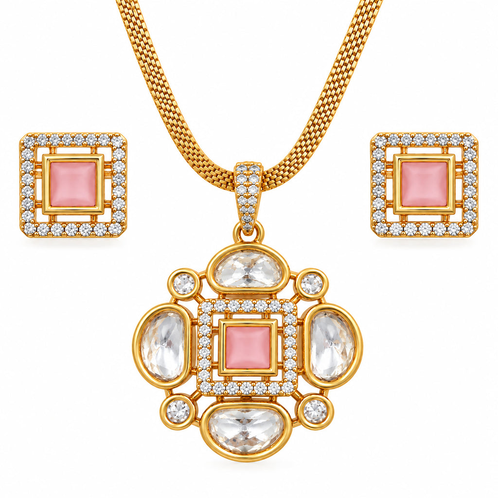 Gold Plated Pink/Green/White Stone Necklace & Earring Set with White Crystal Detailing, Designer Jewellery Set for Women, Wedding & Festive Wear BIT1002