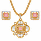 Gold Plated Pink/Green/White Stone Necklace & Earring Set with White Crystal Detailing, Designer Jewellery Set for Women, Wedding & Festive Wear BIT1002