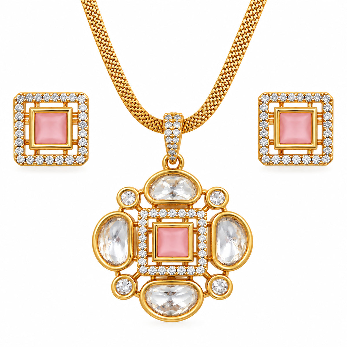 Gold Plated Pink/Green/White Stone Necklace & Earring Set with White Crystal Detailing, Designer Jewellery Set for Women, Wedding & Festive Wear BIT1002