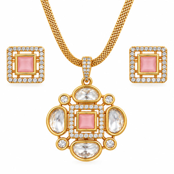 Gold Plated Pink/Green/White Stone Necklace & Earring Set with White Crystal Detailing, Designer Jewellery Set for Women, Wedding & Festive Wear BIT1002