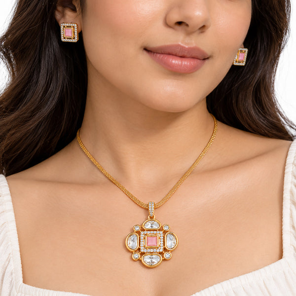 Gold Plated Pink/Green/White Stone Necklace & Earring Set with White Crystal Detailing, Designer Jewellery Set for Women, Wedding & Festive Wear BIT1002