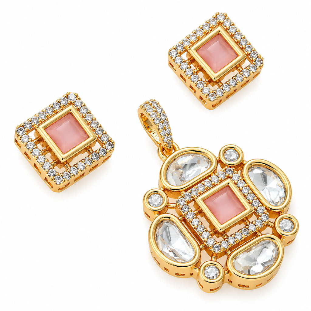Gold Plated Pink/Green/White Stone Necklace & Earring Set with White Crystal Detailing, Designer Jewellery Set for Women, Wedding & Festive Wear BIT1002