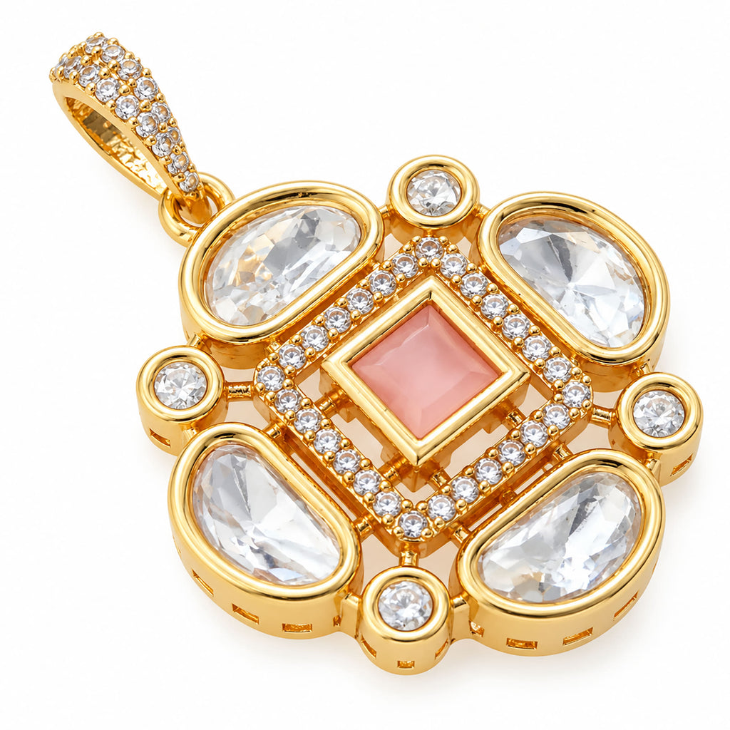 Gold Plated Pink/Green/White Stone Necklace & Earring Set with White Crystal Detailing, Designer Jewellery Set for Women, Wedding & Festive Wear BIT1002