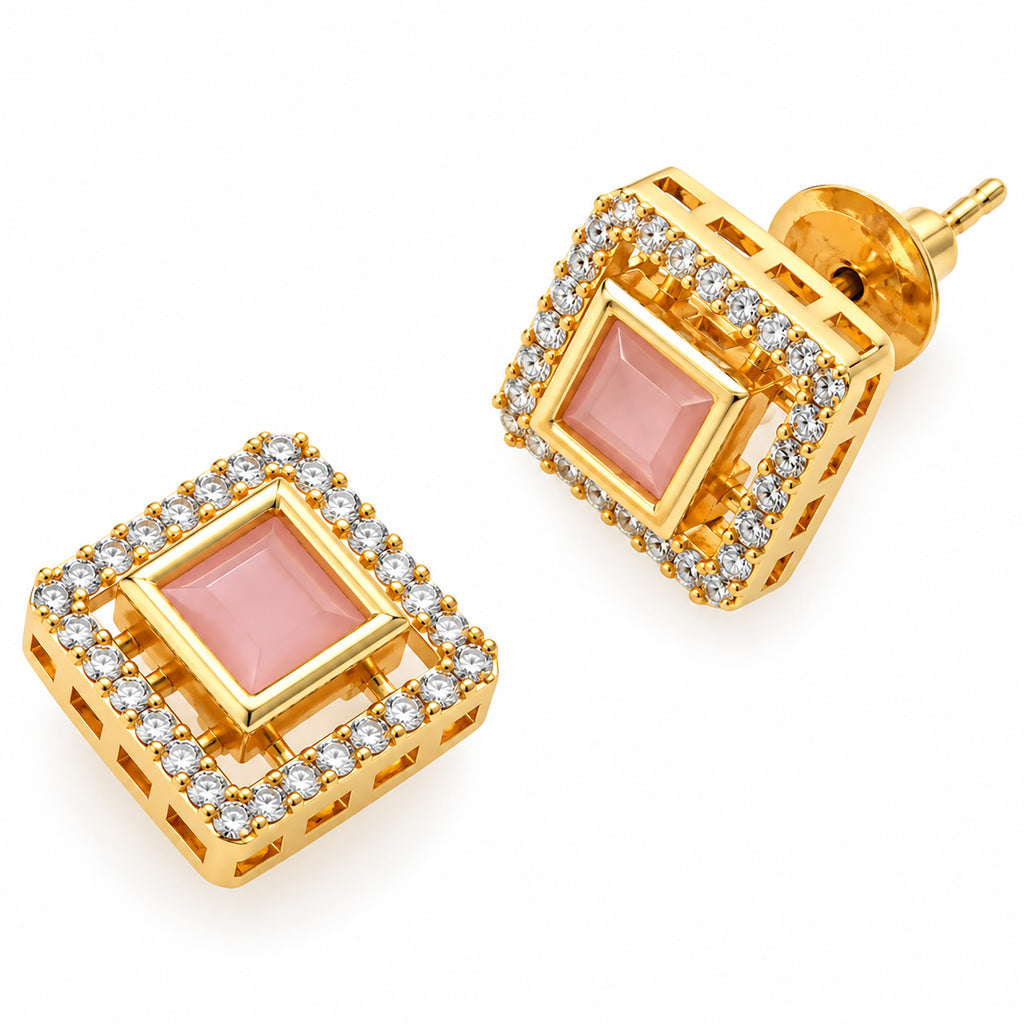 Gold Plated Pink/Green/White Stone Necklace & Earring Set with White Crystal Detailing, Designer Jewellery Set for Women, Wedding & Festive Wear BIT1002