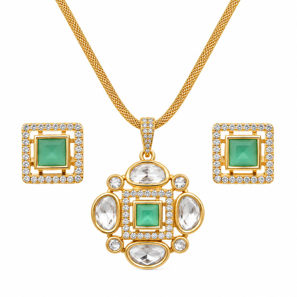 Gold Plated Pink/Green/White Stone Necklace & Earring Set with White Crystal Detailing, Designer Jewellery Set for Women, Wedding & Festive Wear BIT1002