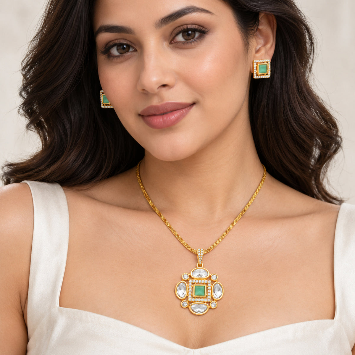 Gold Plated Pink/Green/White Stone Necklace & Earring Set with White Crystal Detailing, Designer Jewellery Set for Women, Wedding & Festive Wear BIT1002
