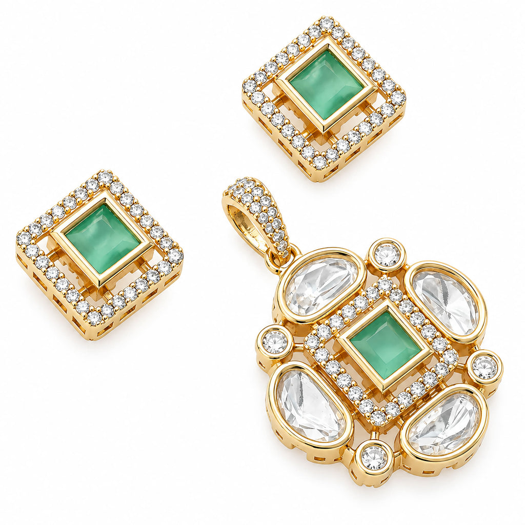 Gold Plated Pink/Green/White Stone Necklace & Earring Set with White Crystal Detailing, Designer Jewellery Set for Women, Wedding & Festive Wear BIT1002