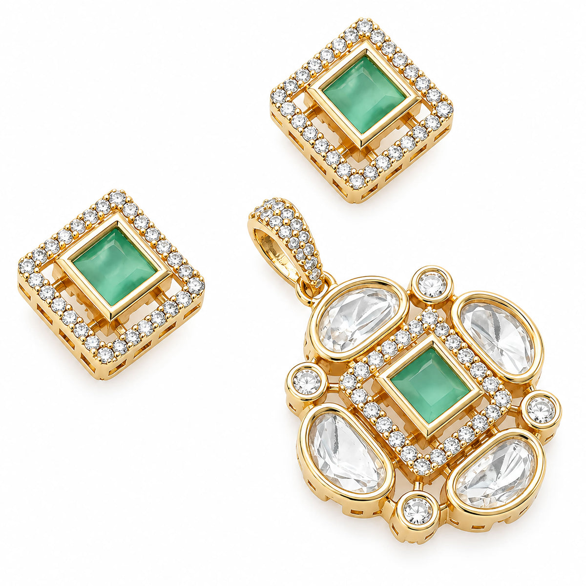 Gold Plated Pink/Green/White Stone Necklace & Earring Set with White Crystal Detailing, Designer Jewellery Set for Women, Wedding & Festive Wear BIT1002