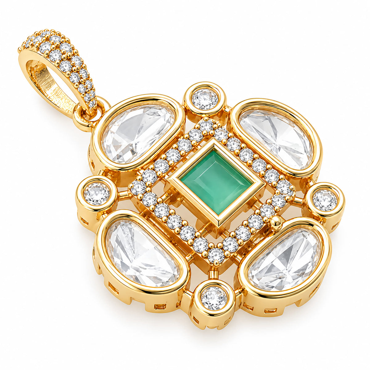 Gold Plated Pink/Green/White Stone Necklace & Earring Set with White Crystal Detailing, Designer Jewellery Set for Women, Wedding & Festive Wear BIT1002