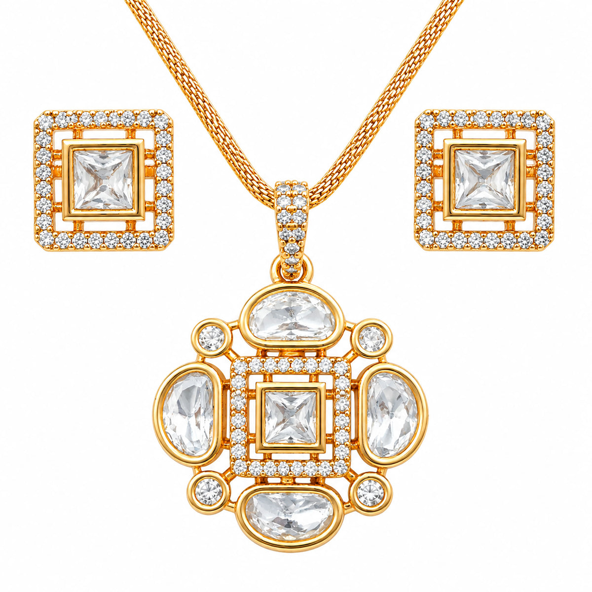 Gold Plated Pink/Green/White Stone Necklace & Earring Set with White Crystal Detailing, Designer Jewellery Set for Women, Wedding & Festive Wear BIT1002