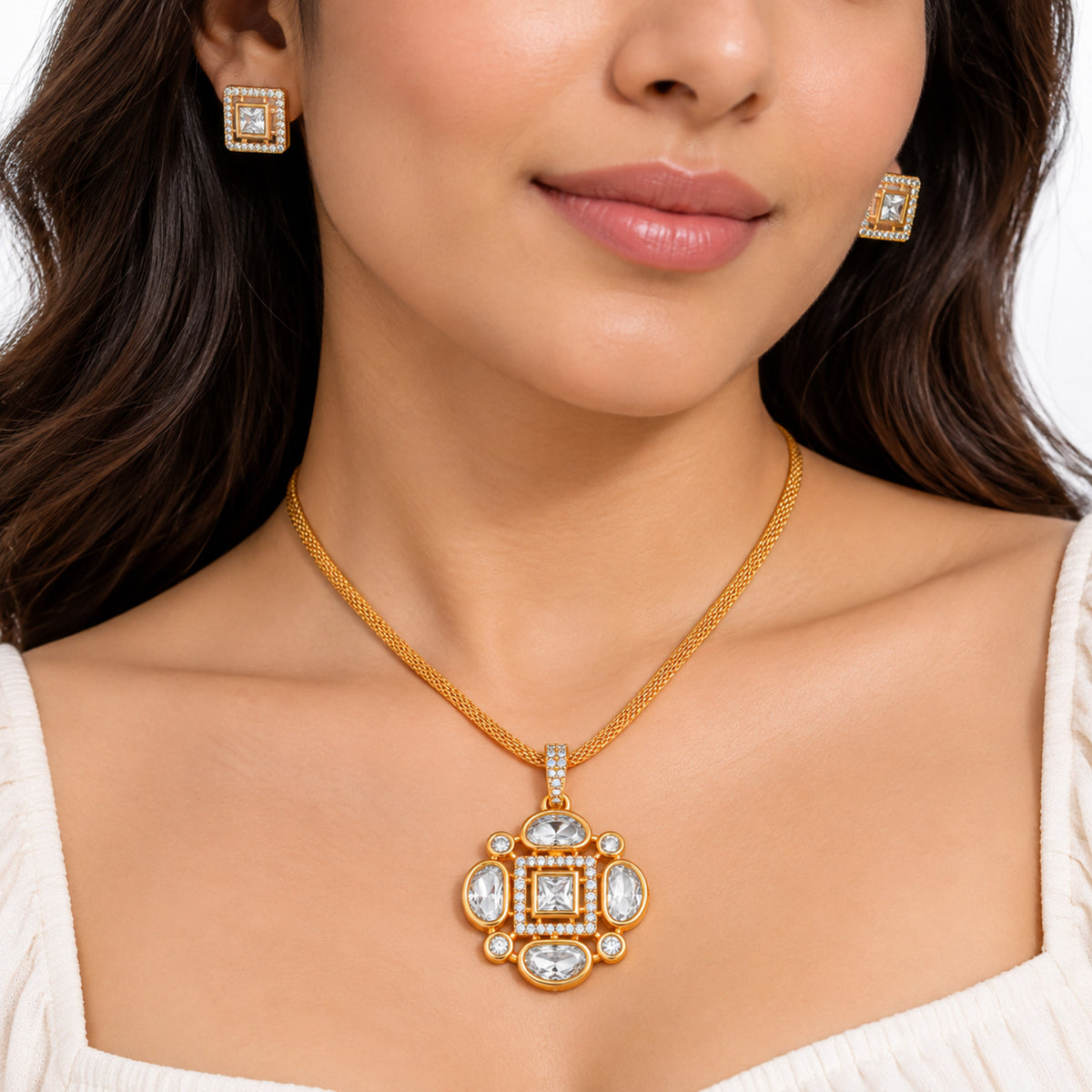 Gold Plated Pink/Green/White Stone Necklace & Earring Set with White Crystal Detailing, Designer Jewellery Set for Women, Wedding & Festive Wear BIT1002