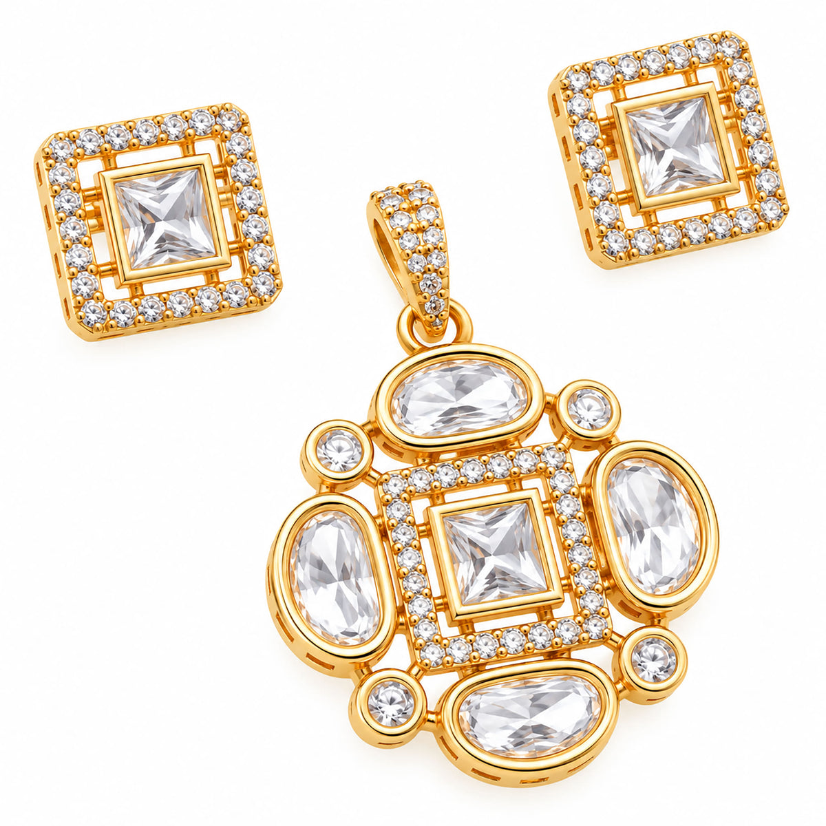 Gold Plated Pink/Green/White Stone Necklace & Earring Set with White Crystal Detailing, Designer Jewellery Set for Women, Wedding & Festive Wear BIT1002