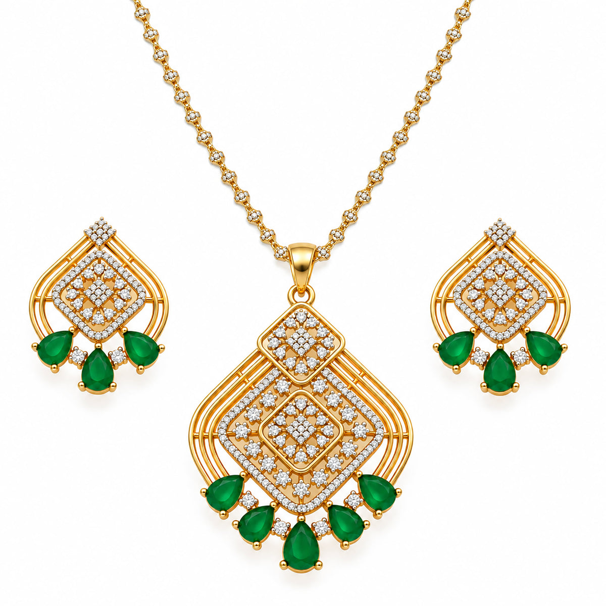 Gold Plated Green/Pink Teardrop Stone Necklace & Earring Set with White Crystal Detailing, Designer Traditional Jewellery Set for Women, Wedding & Festive Wear BIT1003