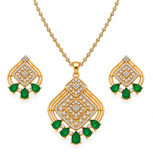 Gold Plated Green/Pink Teardrop Stone Necklace & Earring Set with White Crystal Detailing, Designer Traditional Jewellery Set for Women, Wedding & Festive Wear BIT1003