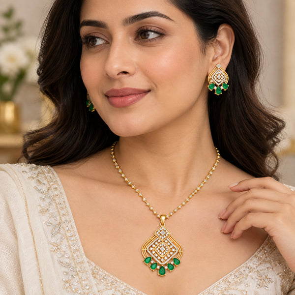 Gold Plated Green/Pink Teardrop Stone Necklace & Earring Set with White Crystal Detailing, Designer Traditional Jewellery Set for Women, Wedding & Festive Wear BIT1003