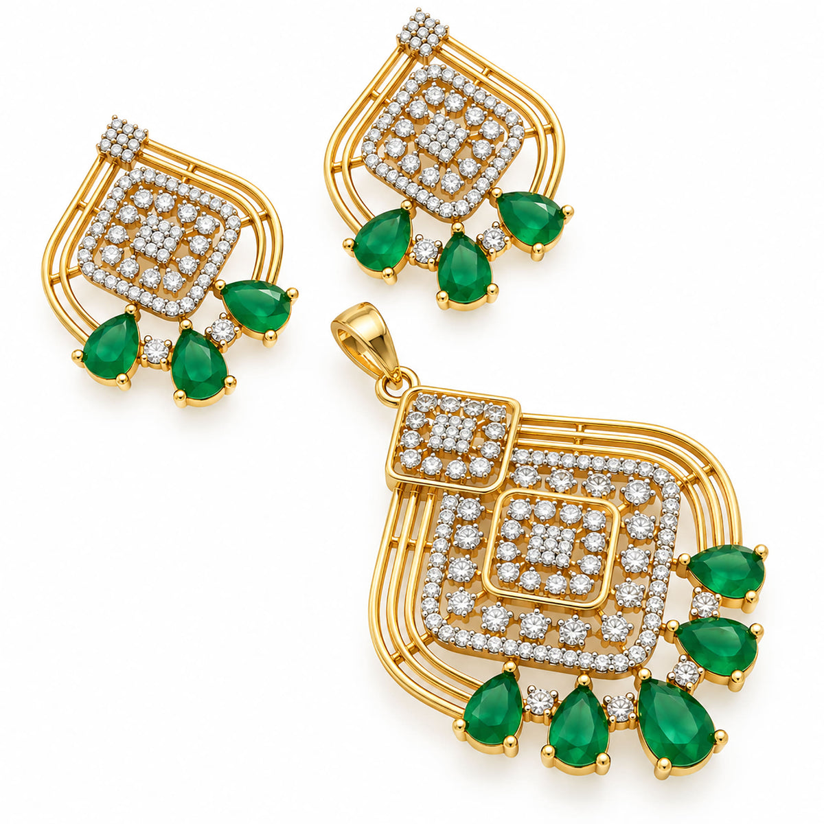 Gold Plated Green/Pink Teardrop Stone Necklace & Earring Set with White Crystal Detailing, Designer Traditional Jewellery Set for Women, Wedding & Festive Wear BIT1003
