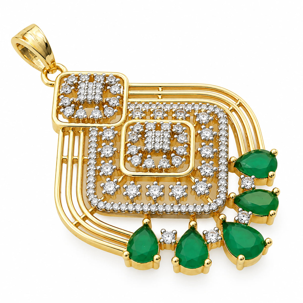 Gold Plated Green/Pink Teardrop Stone Necklace & Earring Set with White Crystal Detailing, Designer Traditional Jewellery Set for Women, Wedding & Festive Wear BIT1003