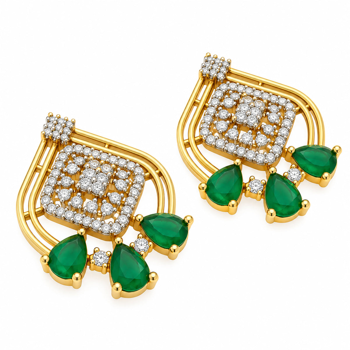 Gold Plated Green/Pink Teardrop Stone Necklace & Earring Set with White Crystal Detailing, Designer Traditional Jewellery Set for Women, Wedding & Festive Wear BIT1003