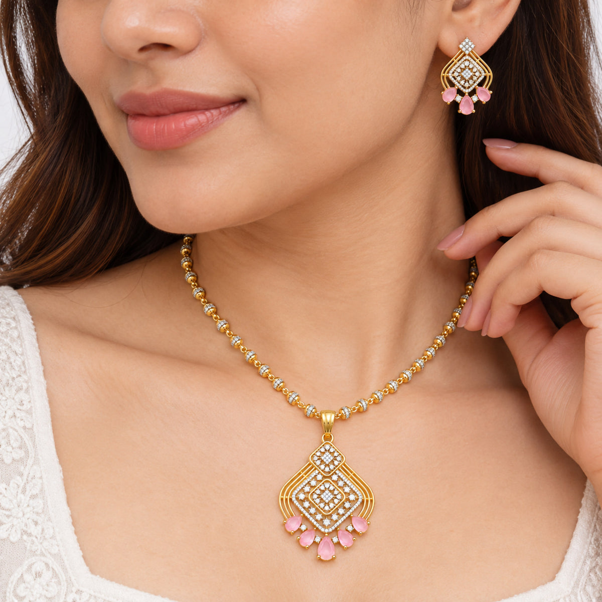 Gold Plated Green/Pink Teardrop Stone Necklace & Earring Set with White Crystal Detailing, Designer Traditional Jewellery Set for Women, Wedding & Festive Wear BIT1003