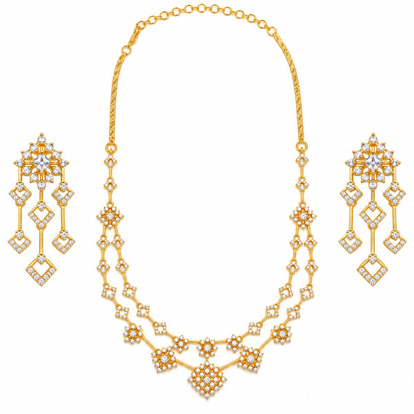 Gold Plated Designer Necklace & Long Earrings Set with Sparkling White Crystal Floral Design for Women, Wedding & Festive Wear BIT1004