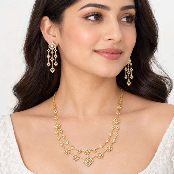 Gold Plated Designer Necklace & Long Earrings Set with Sparkling White Crystal Floral Design for Women, Wedding & Festive Wear BIT1004