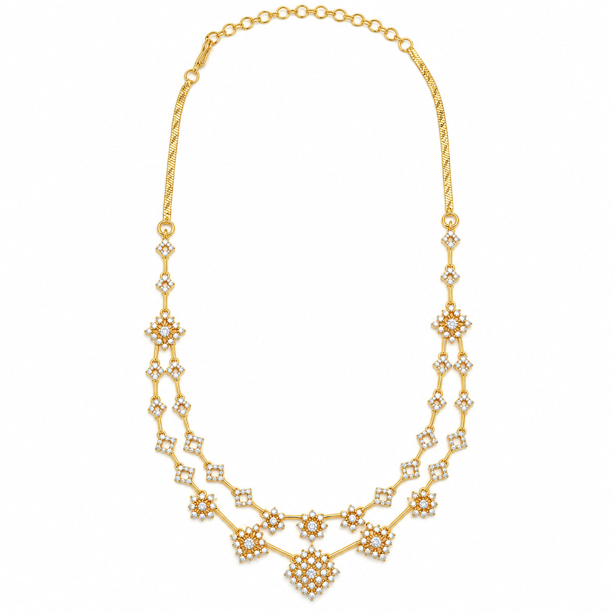 Gold Plated Designer Necklace & Long Earrings Set with Sparkling White Crystal Floral Design for Women, Wedding & Festive Wear BIT1004
