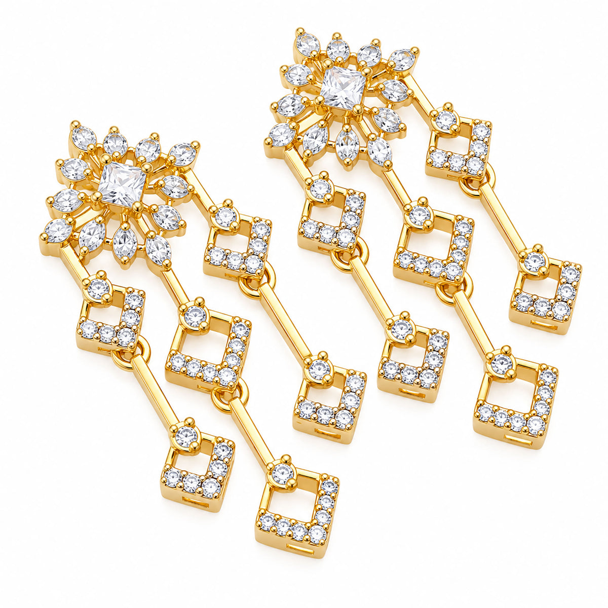 Gold Plated Designer Necklace & Long Earrings Set with Sparkling White Crystal Floral Design for Women, Wedding & Festive Wear BIT1004
