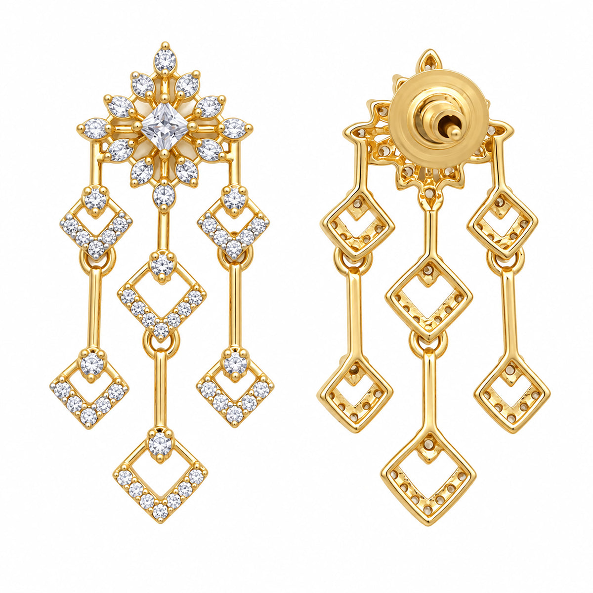 Gold Plated Designer Necklace & Long Earrings Set with Sparkling White Crystal Floral Design for Women, Wedding & Festive Wear BIT1004