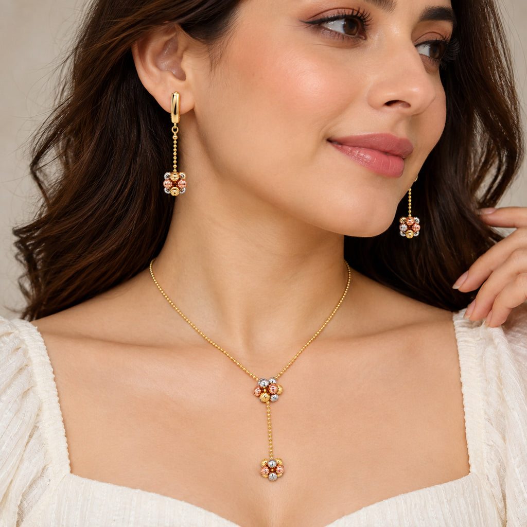 Gold Plated Triple Tone Floral Necklace & Earrings Set with Beaded Design for Women, Traditional Designer Jewellery for Wedding & Festive Wear BIT1005