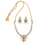 Gold Plated Ruby Red, Milky Aqua & White Quartz with AD Stone Studded Traditional Necklace & Earrings Jewellery Set for Bridal Wedding, Festive & Party Wear BIT1006
