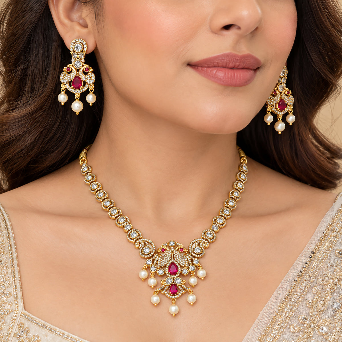 Gold Plated Ruby Red, Milky Aqua & White Quartz with AD Stone Studded Traditional Necklace & Earrings Jewellery Set for Bridal Wedding, Festive & Party Wear BIT1006