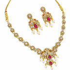 Gold Plated Ruby Red, Milky Aqua & White Quartz with AD Stone Studded Traditional Necklace & Earrings Jewellery Set for Bridal Wedding, Festive & Party Wear BIT1006