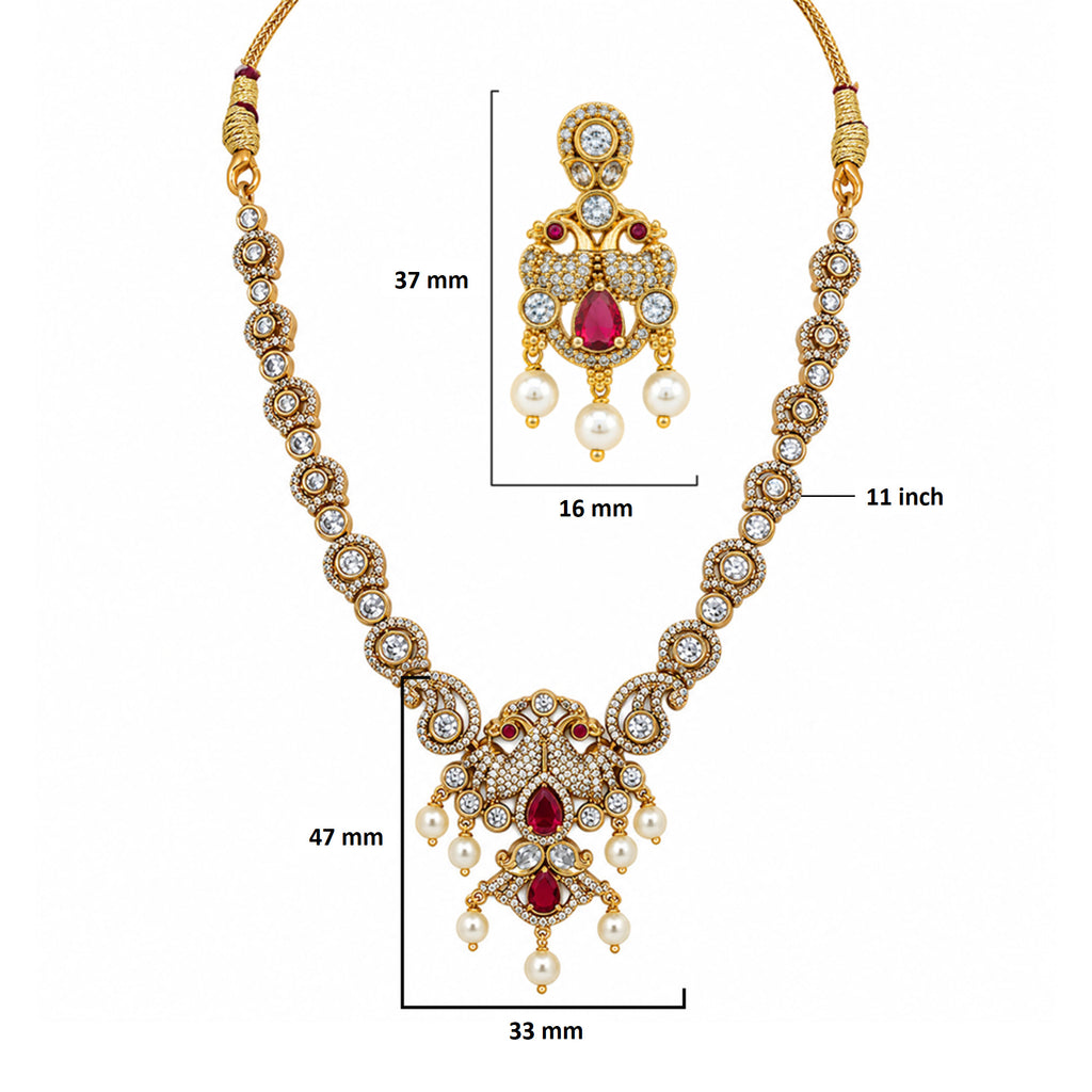 Gold Plated Ruby Red, Milky Aqua & White Quartz with AD Stone Studded Traditional Necklace & Earrings Jewellery Set for Bridal Wedding, Festive & Party Wear BIT1006