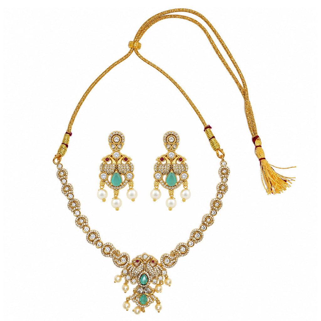 Gold Plated Ruby Red, Milky Aqua & White Quartz with AD Stone Studded Traditional Necklace & Earrings Jewellery Set for Bridal Wedding, Festive & Party Wear BIT1006