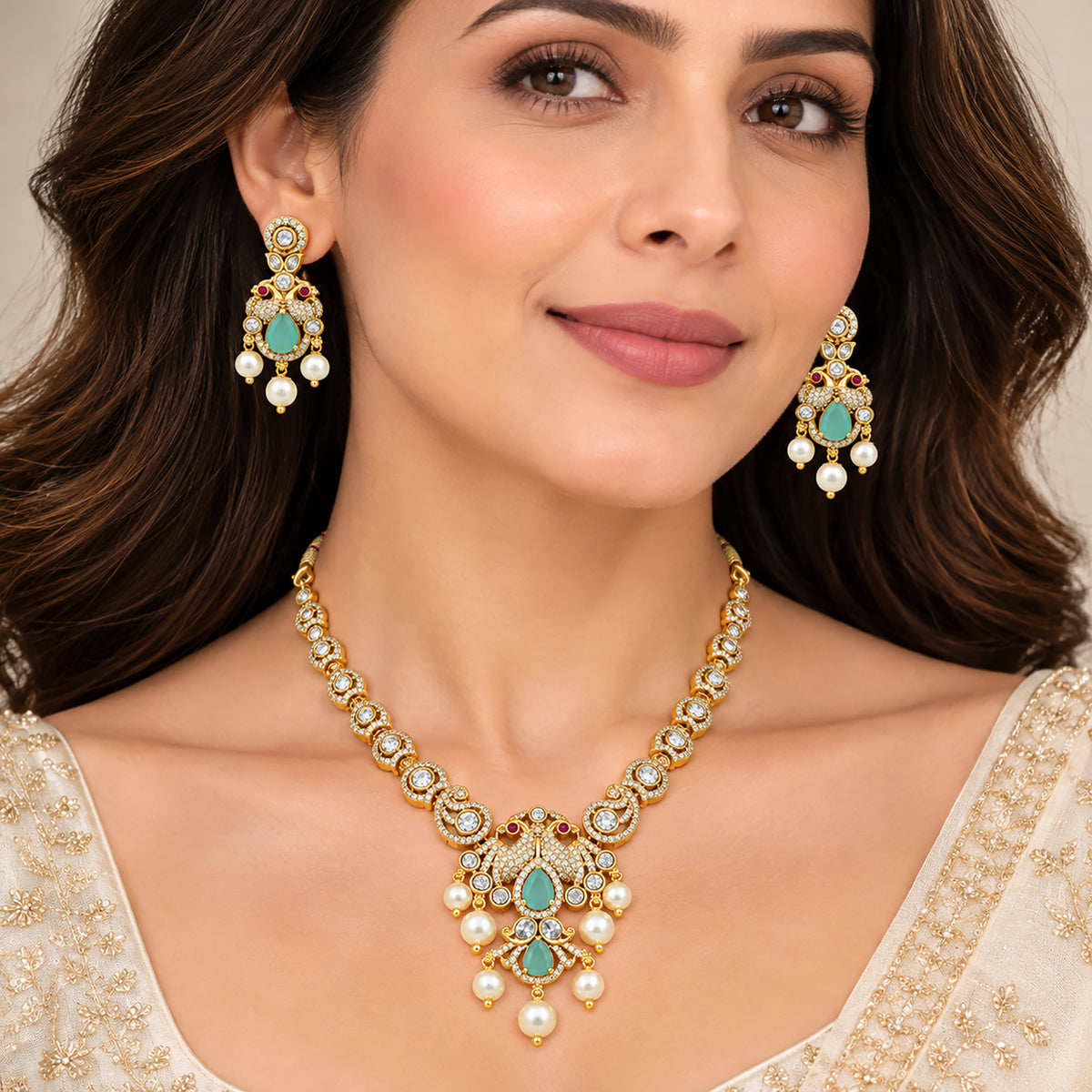 Gold Plated Ruby Red, Milky Aqua & White Quartz with AD Stone Studded Traditional Necklace & Earrings Jewellery Set for Bridal Wedding, Festive & Party Wear BIT1006