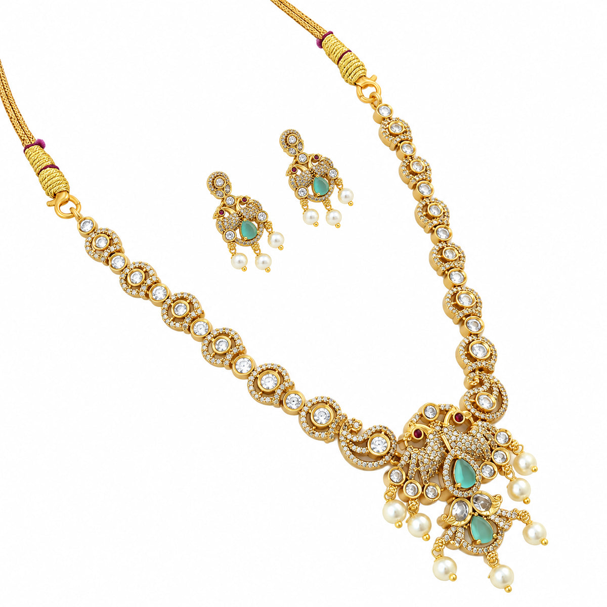 Gold Plated Ruby Red, Milky Aqua & White Quartz with AD Stone Studded Traditional Necklace & Earrings Jewellery Set for Bridal Wedding, Festive & Party Wear BIT1006