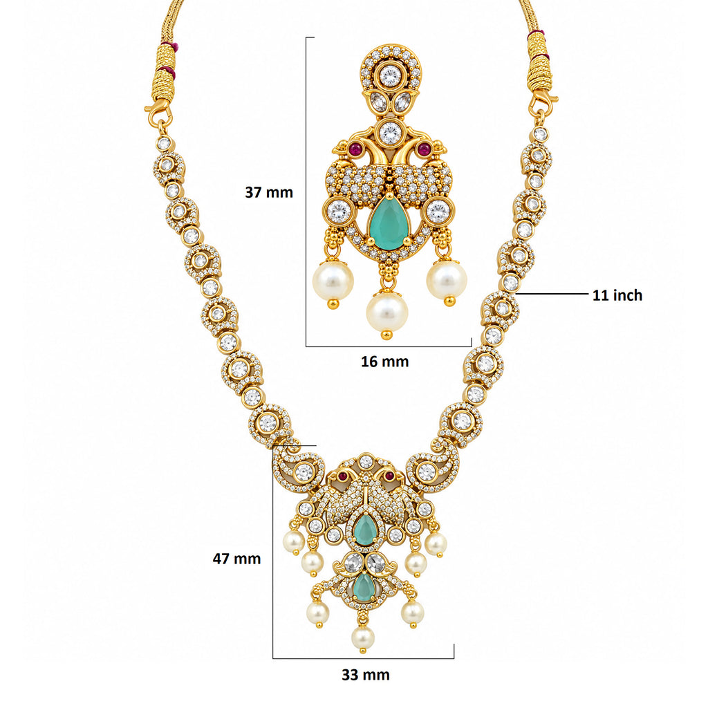 Gold Plated Ruby Red, Milky Aqua & White Quartz with AD Stone Studded Traditional Necklace & Earrings Jewellery Set for Bridal Wedding, Festive & Party Wear BIT1006