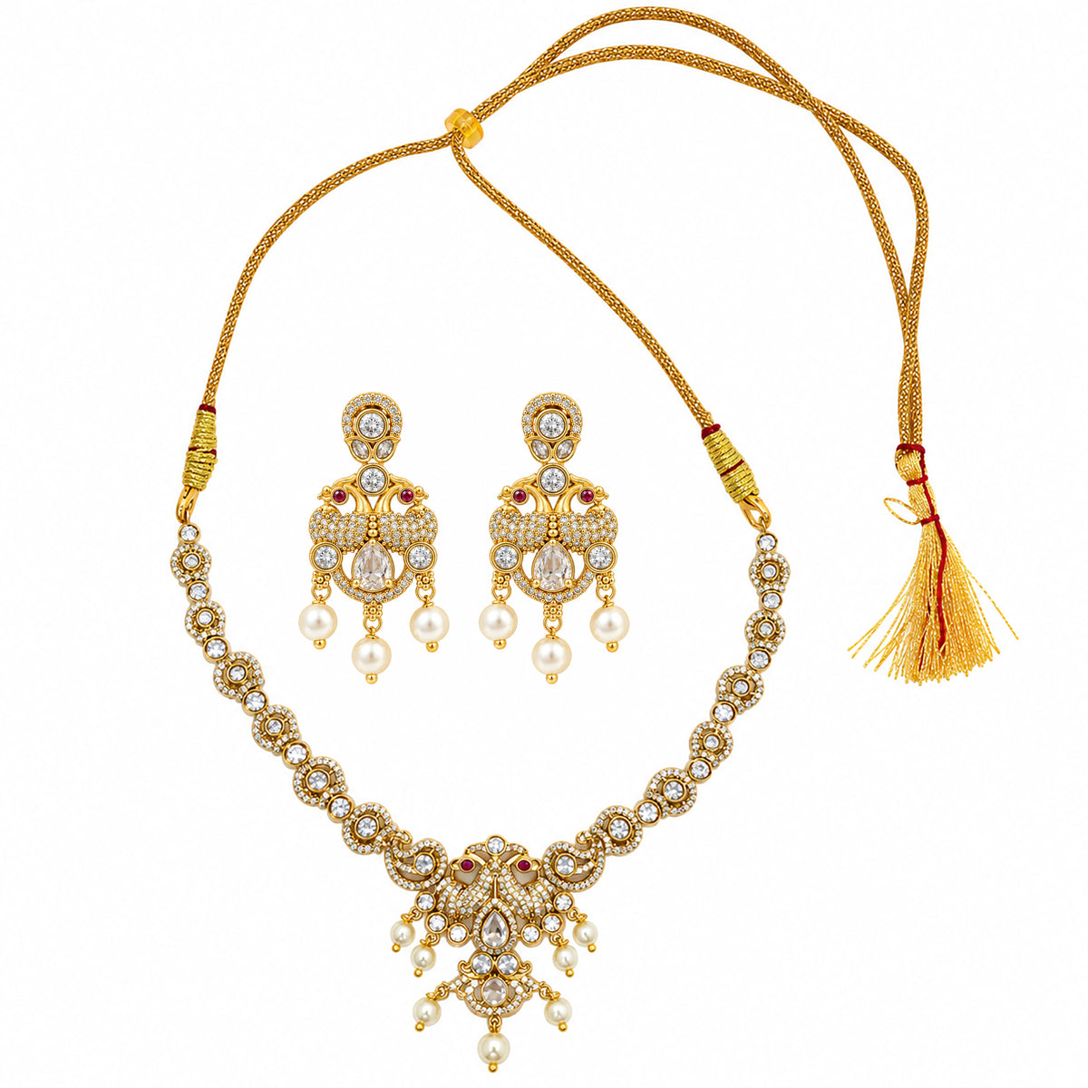 Gold Plated Ruby Red, Milky Aqua & White Quartz with AD Stone Studded Traditional Necklace & Earrings Jewellery Set for Bridal Wedding, Festive & Party Wear BIT1006
