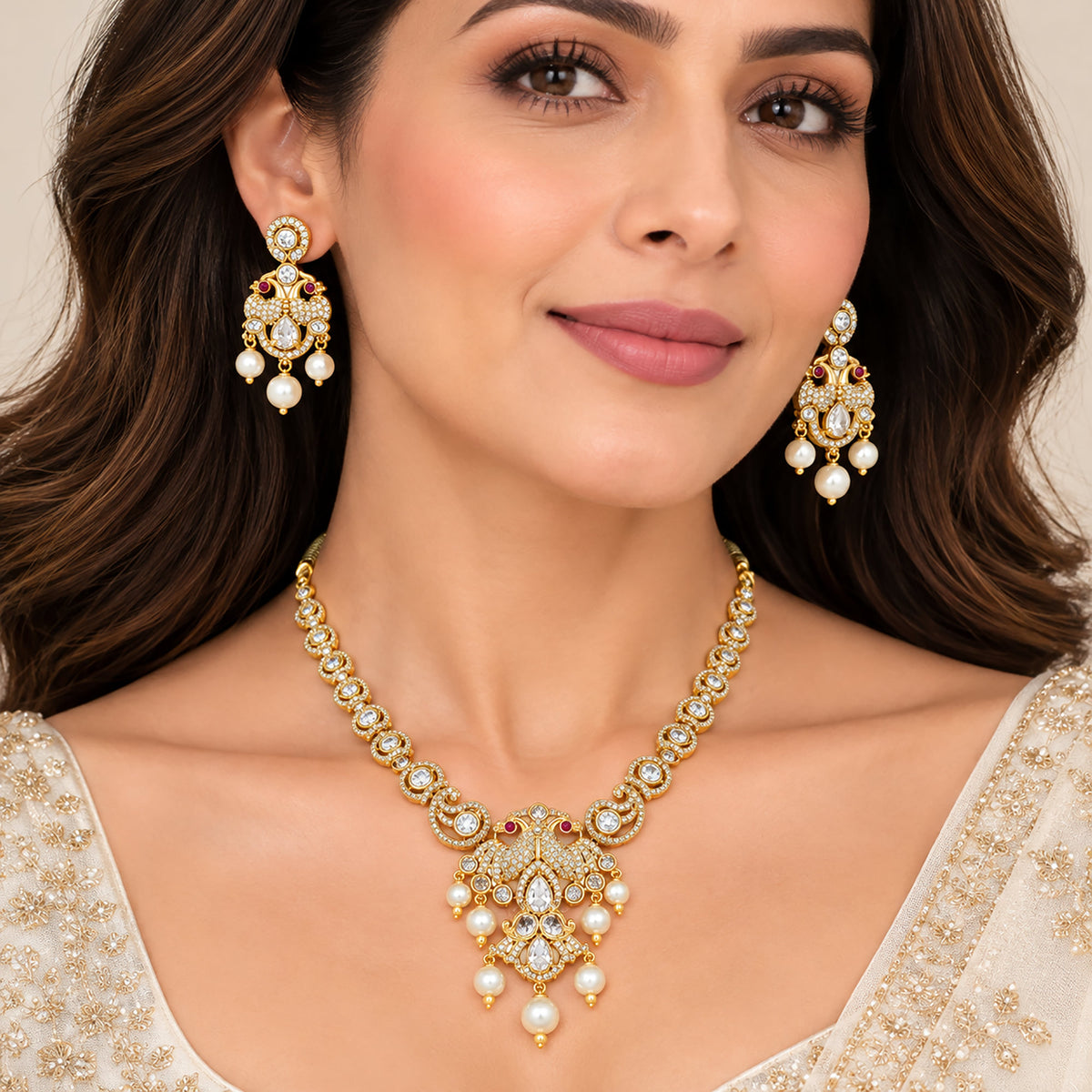 Gold Plated Ruby Red, Milky Aqua & White Quartz with AD Stone Studded Traditional Necklace & Earrings Jewellery Set for Bridal Wedding, Festive & Party Wear BIT1006