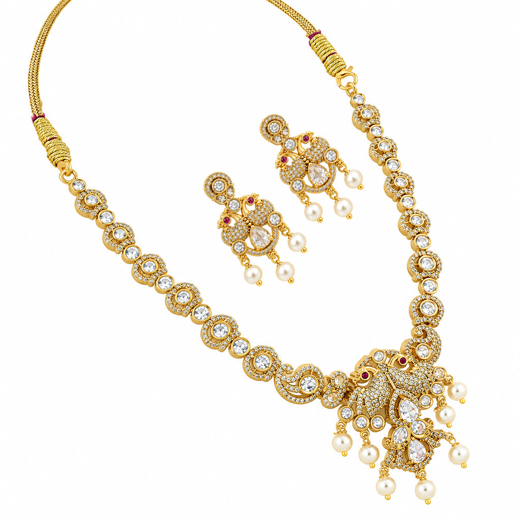 Gold Plated Ruby Red, Milky Aqua & White Quartz with AD Stone Studded Traditional Necklace & Earrings Jewellery Set for Bridal Wedding, Festive & Party Wear BIT1006