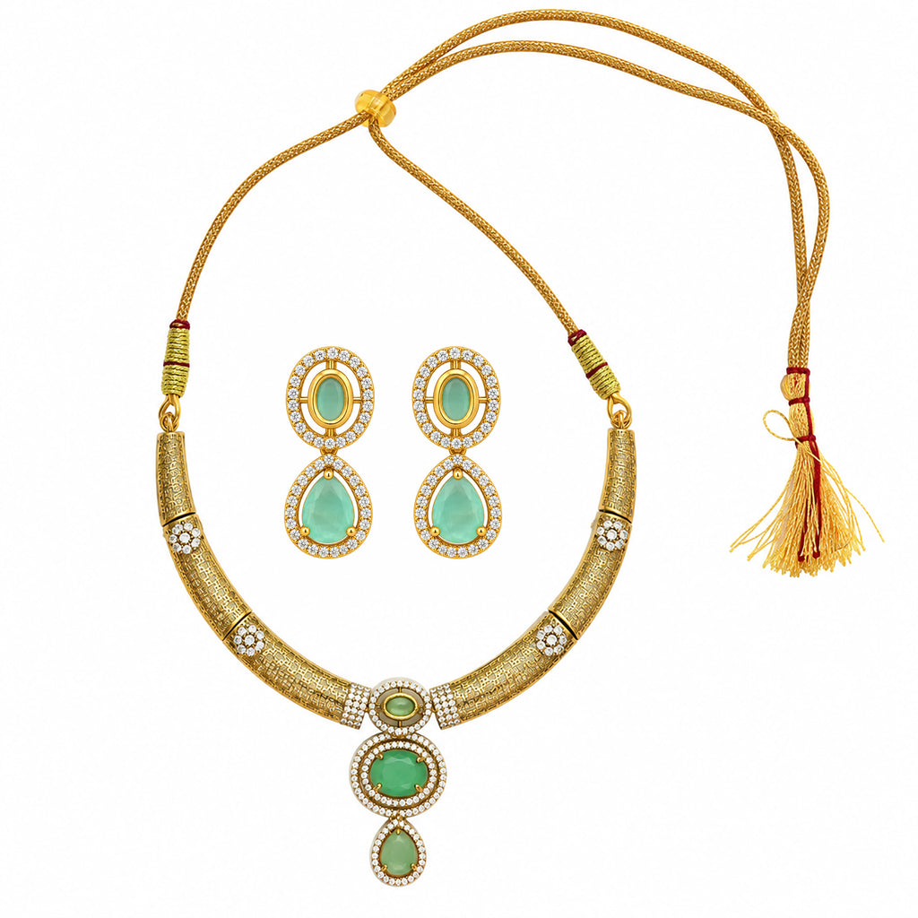 Gold Plated Mint Green & Red with White AD Stone Studded Traditional Choker Necklace & Earrings Set for Wedding, Festive & Party Wear BIT1007