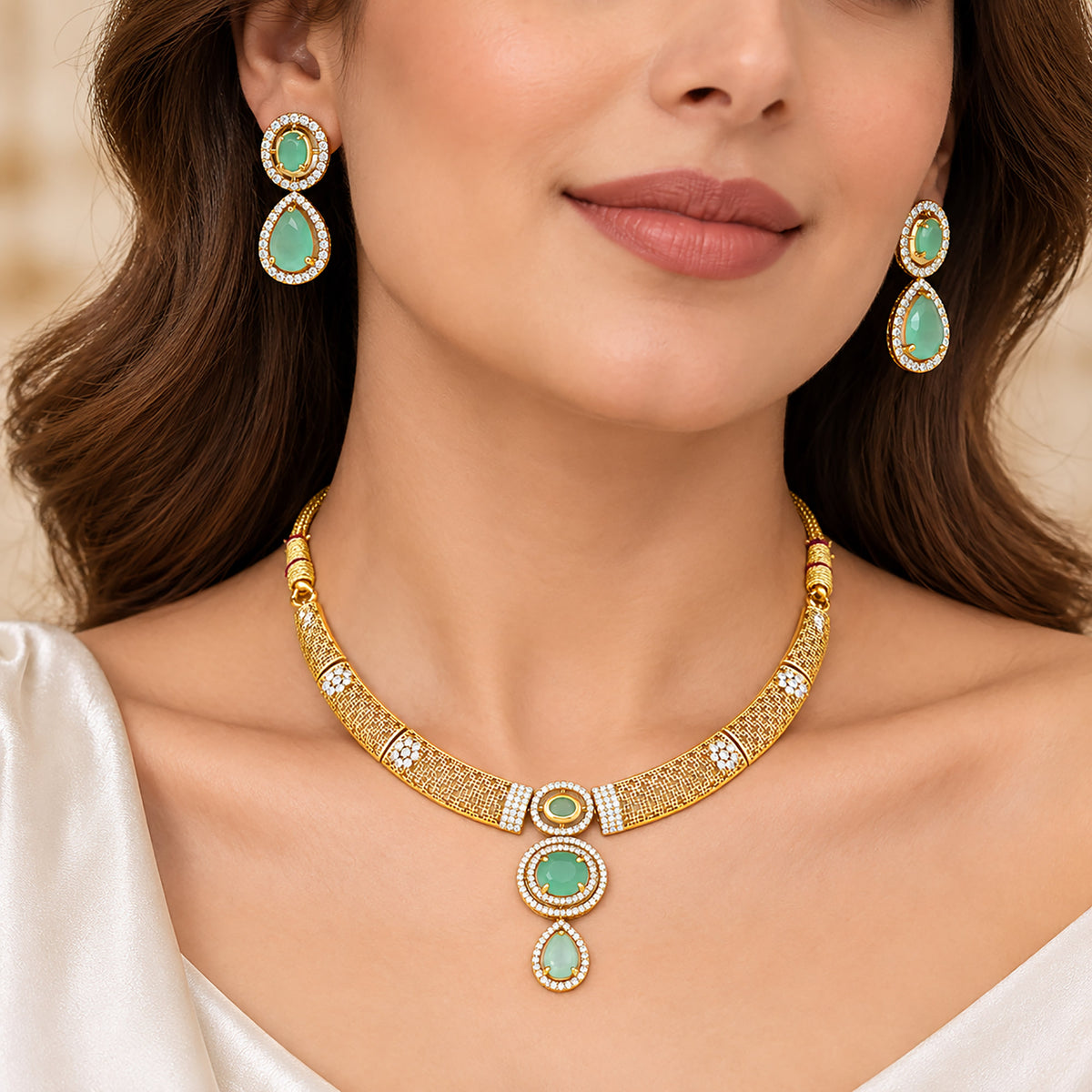 Gold Plated Mint Green & Red with White AD Stone Studded Traditional Choker Necklace & Earrings Set for Wedding, Festive & Party Wear BIT1007