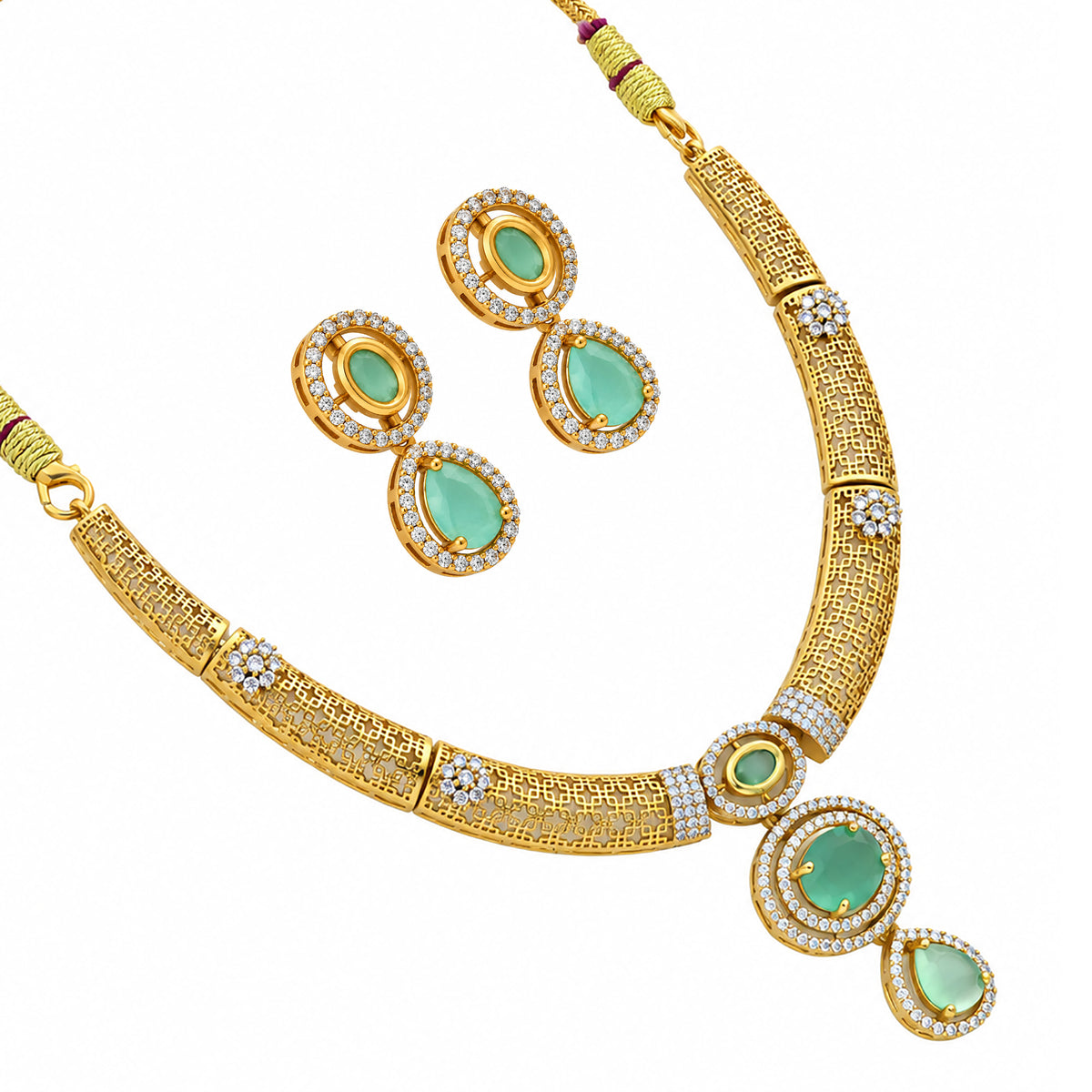 Gold Plated Mint Green & Red with White AD Stone Studded Traditional Choker Necklace & Earrings Set for Wedding, Festive & Party Wear BIT1007