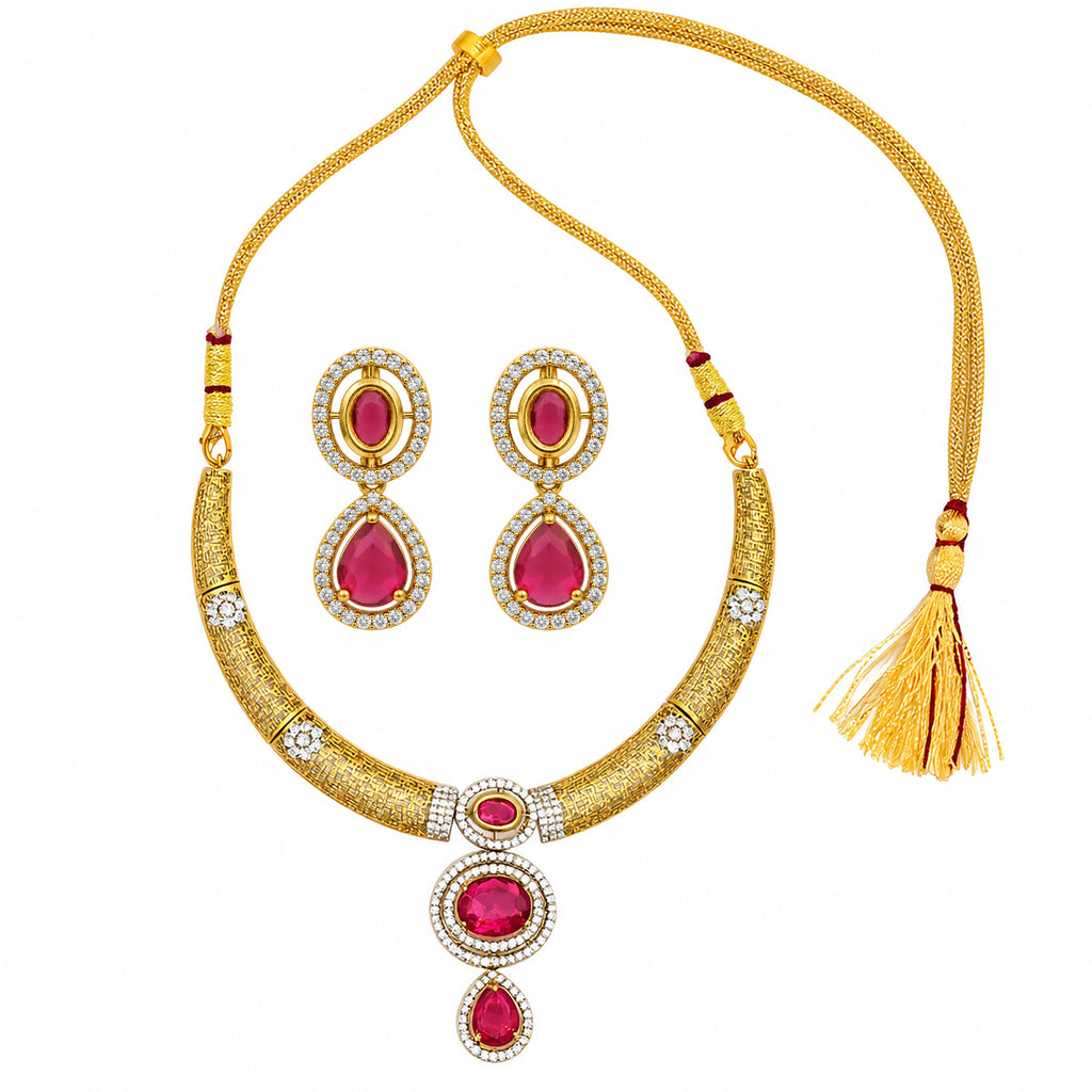 Gold Plated Mint Green & Red with White AD Stone Studded Traditional Choker Necklace & Earrings Set for Wedding, Festive & Party Wear BIT1007