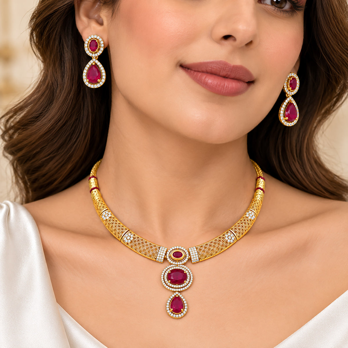 Gold Plated Mint Green & Red with White AD Stone Studded Traditional Choker Necklace & Earrings Set for Wedding, Festive & Party Wear BIT1007