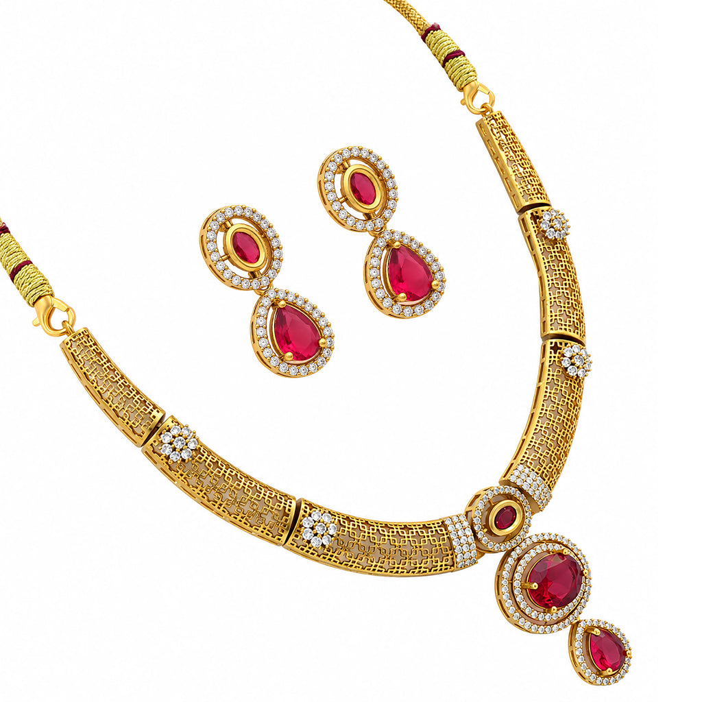 Gold Plated Mint Green & Red with White AD Stone Studded Traditional Choker Necklace & Earrings Set for Wedding, Festive & Party Wear BIT1007