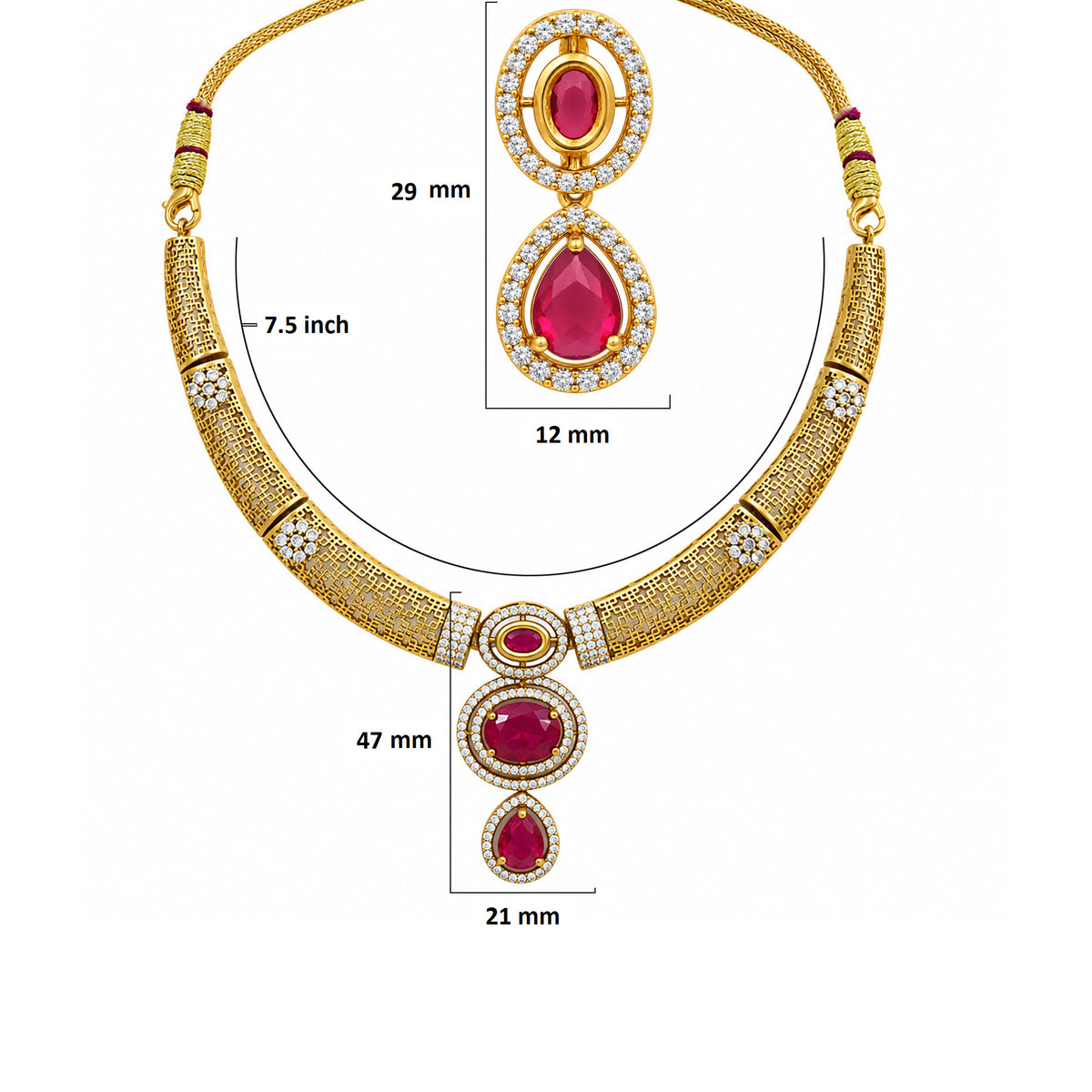 Gold Plated Mint Green & Red with White AD Stone Studded Traditional Choker Necklace & Earrings Set for Wedding, Festive & Party Wear BIT1007